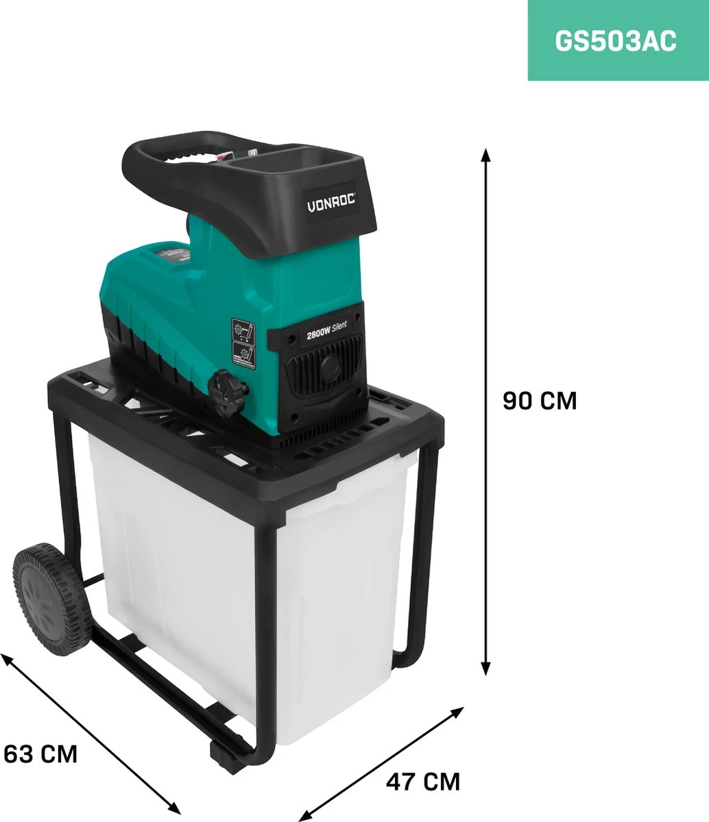VONROC Stille Hakselaar/Shredder 2800W – Voor Takken Tot Ø45mm – Incl. 60L Opvangbak & Duwstok 3 VONROC Stille Hakselaar/Shredder 2800W – Voor Takken Tot Ø45mm – Incl. 60L Opvangbak & Duwstok - Afbeelding 3
