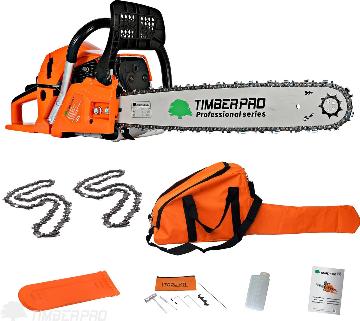 TIMBERPRO - Kettingzaag - 62 Cc - Benzine - Zwaardlengte 50 Cm - Met Transportzak - Met 2e Ketting 1 TIMBERPRO - Kettingzaag - 62 Cc - Benzine - Zwaardlengte 50 Cm - Met Transportzak - Met 2e Ketting
