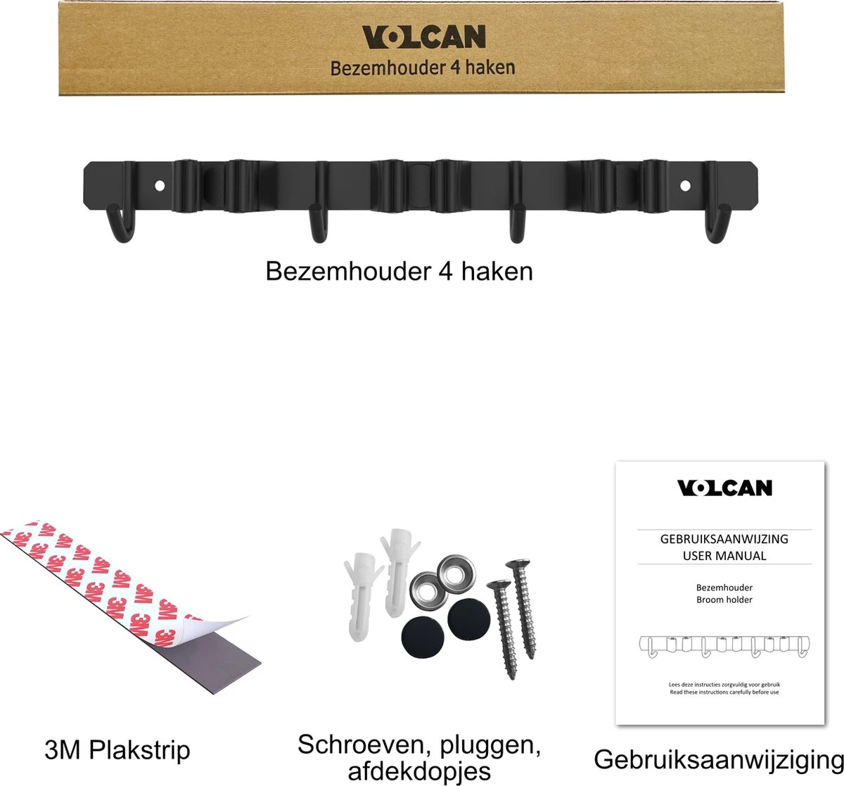Volcan Bezemhouder - Bezem Ophangsysteem Tuingereedschap - Gereedschapshouder - Zelfklevend - 3M Tape - 3 Houders 4 Haken - RVS Zwart 7 Volcan Bezemhouder - Bezem Ophangsysteem Tuingereedschap - Gereedschapshouder - Zelfklevend - 3M Tape - 3 Houders 4 Haken - RVS Zwart - Afbeelding 7