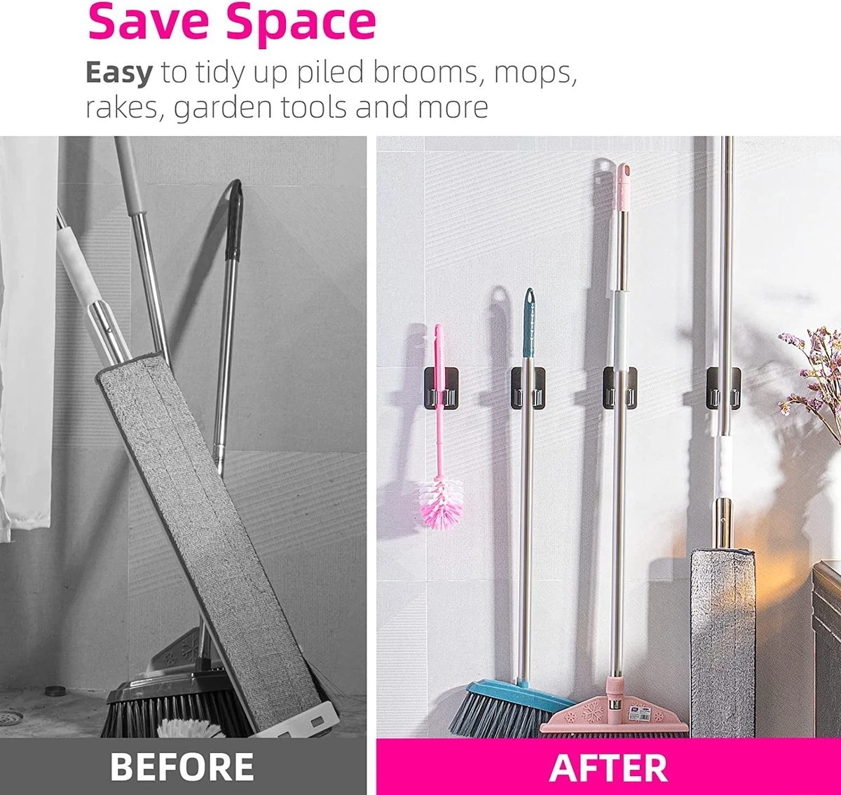 BOTC Bezemhouder - 4 Stuks - RVS - Bezem Ophangsysteem - Bezem Houder - Tuingereedschap - Zwart 4 BOTC Bezemhouder - 4 Stuks - RVS - Bezem Ophangsysteem - Bezem Houder - Tuingereedschap - Zwart - Afbeelding 4