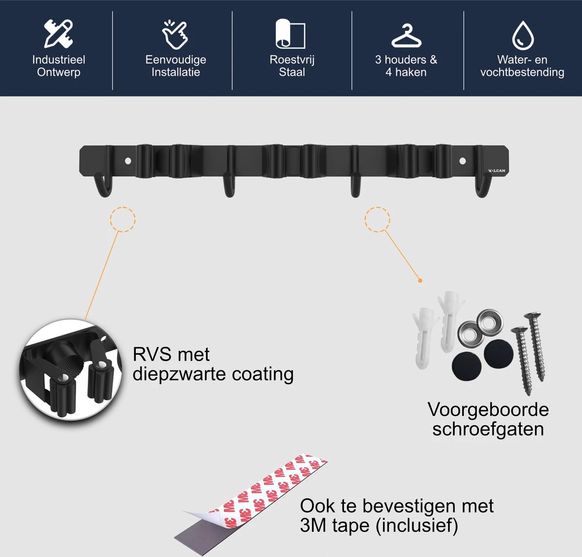 Volcan Bezemhouder - Bezem Ophangsysteem Tuingereedschap - Gereedschapshouder - Zelfklevend - 3M Tape - 3 Houders 4 Haken - RVS Zwart 6 Volcan Bezemhouder - Bezem Ophangsysteem Tuingereedschap - Gereedschapshouder - Zelfklevend - 3M Tape - 3 Houders 4 Haken - RVS Zwart - Afbeelding 6