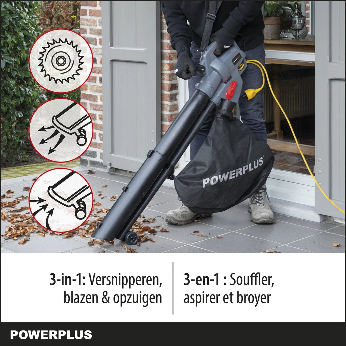 Powerplus POWEG9013 Elektrische Bladblazer - Bladzuiger En -versnipperaar - 3300W - Blazen - Zuigen - Versnipperen - Incl. 40L Opvangzak 5 Powerplus POWEG9013 Elektrische Bladblazer - Bladzuiger En -versnipperaar - 3300W - Blazen - Zuigen - Versnipperen - Incl. 40L Opvangzak - Afbeelding 5
