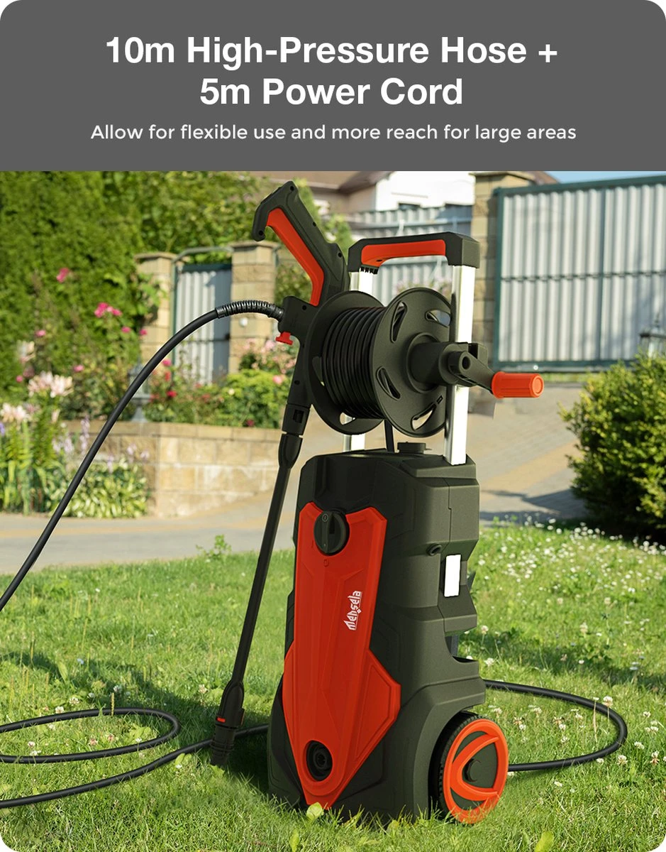 Merkloos Home Hogedrukreiniger - 2100W - 165 Bar - Met Verstelbare Nozzles Slanghaspel 5m Netsnoer 10m Slang - Voor Reiniging Huis Auto Tuin 8 Merkloos Home Hogedrukreiniger - 2100W - 165 Bar - Met Verstelbare Nozzles Slanghaspel 5m Netsnoer 10m Slang - Voor Reiniging Huis Auto Tuin - Afbeelding 8